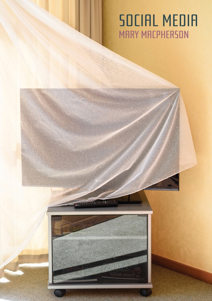 Mary Macpherson's poetry book Social Media. cover shows a curtain blowing over a tv screen. Photograph by Peter Black
